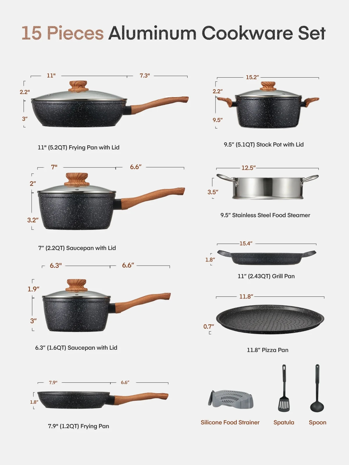 Pots and Pans Set with Lids 15 Pcs, Aluminum Nonstick Induction Cookware Sets