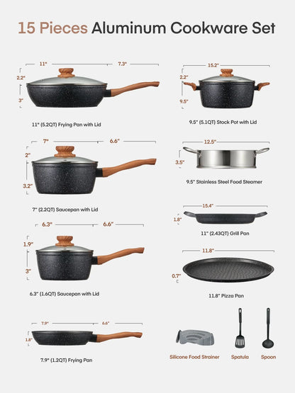 Pots and Pans Set with Lids 15 Pcs, Aluminum Nonstick Induction Cookware Sets