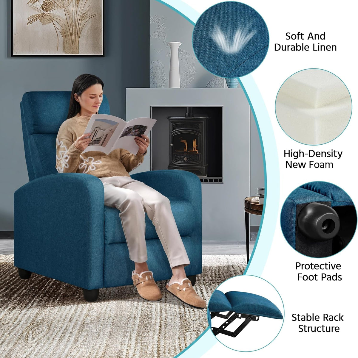 Luxurious Blue Recliner Chair with 3 Adjustable Positions for Ultimate Comfort in Your Living Space