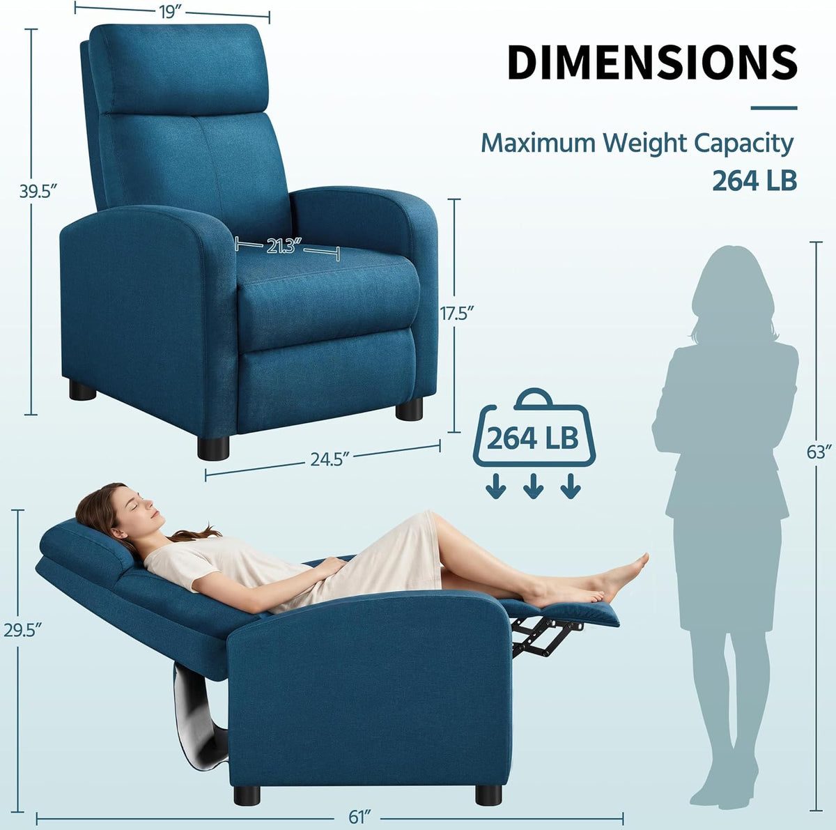 Luxurious Blue Recliner Chair with 3 Adjustable Positions for Ultimate Comfort in Your Living Space