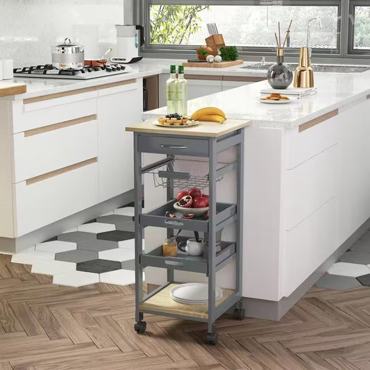 5-Shelf Mobile Kitchen Storage Rack in Gray with Slide-Out Baskets, Pull-Out Tray, Kitchen Island
