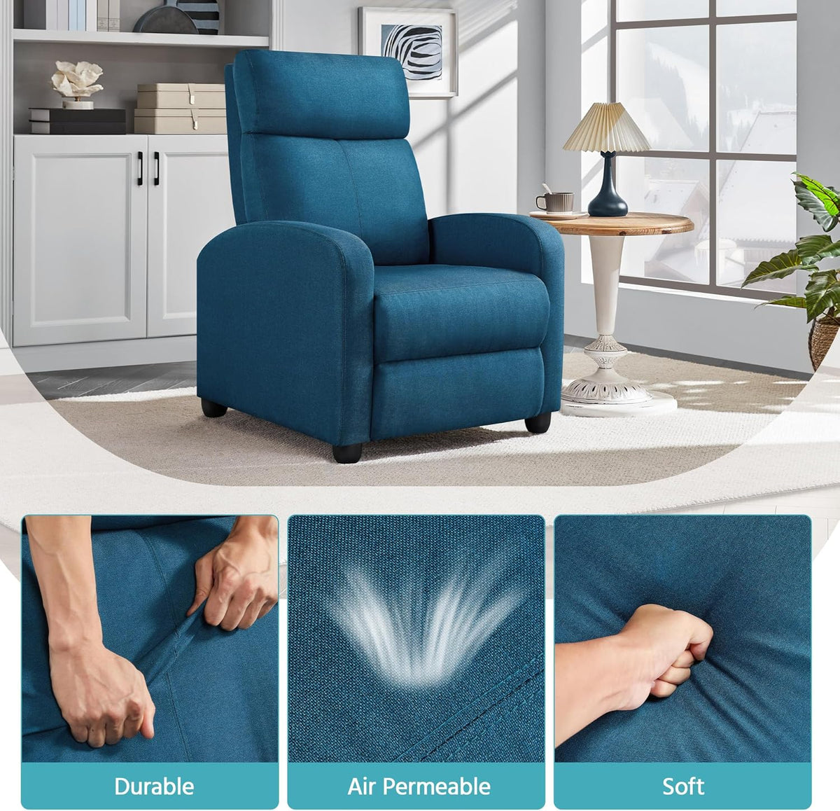 Luxurious Blue Recliner Chair with 3 Adjustable Positions for Ultimate Comfort in Your Living Space