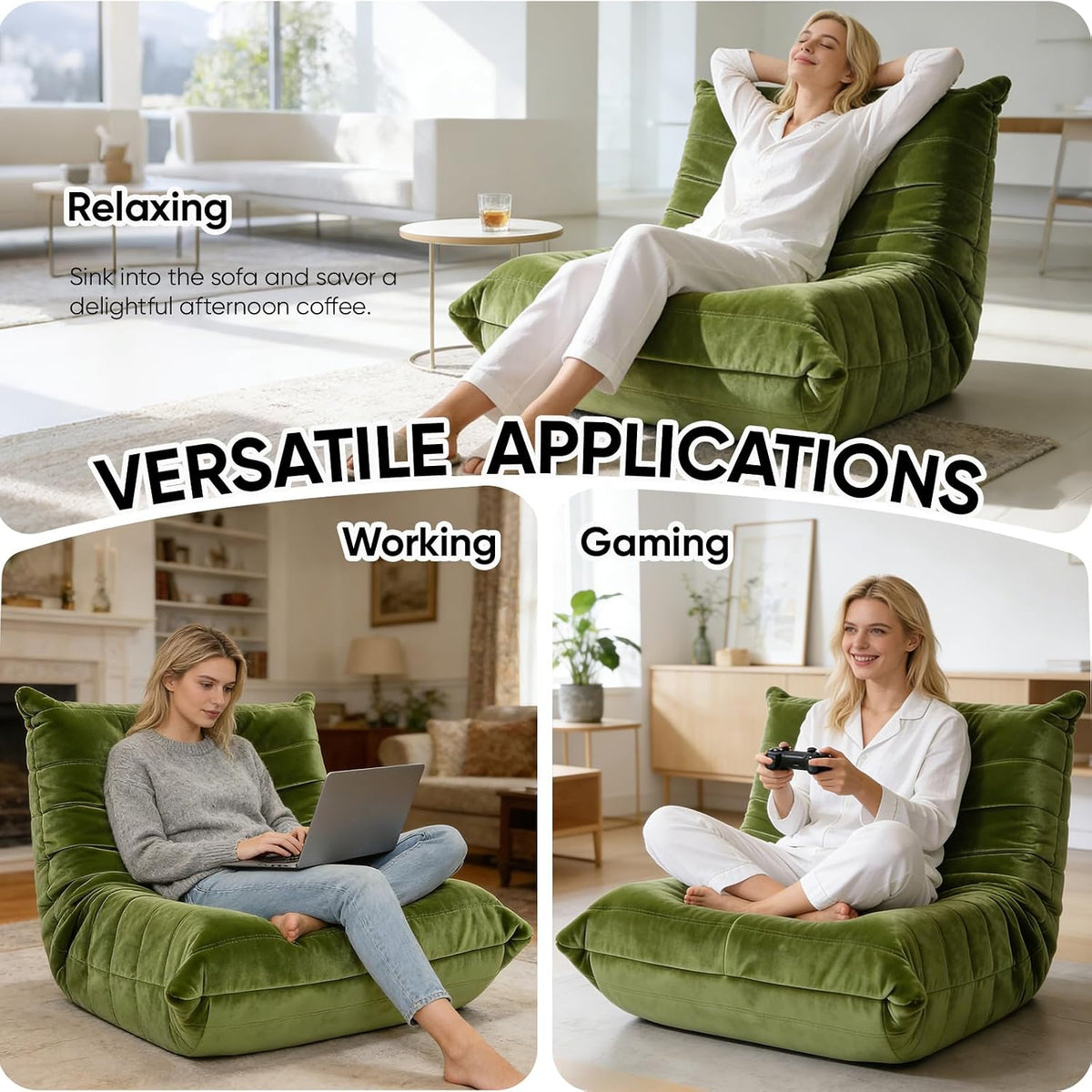 Bean Bag Chair for Adults, High-Density Foam, Dutch Velvet, Green