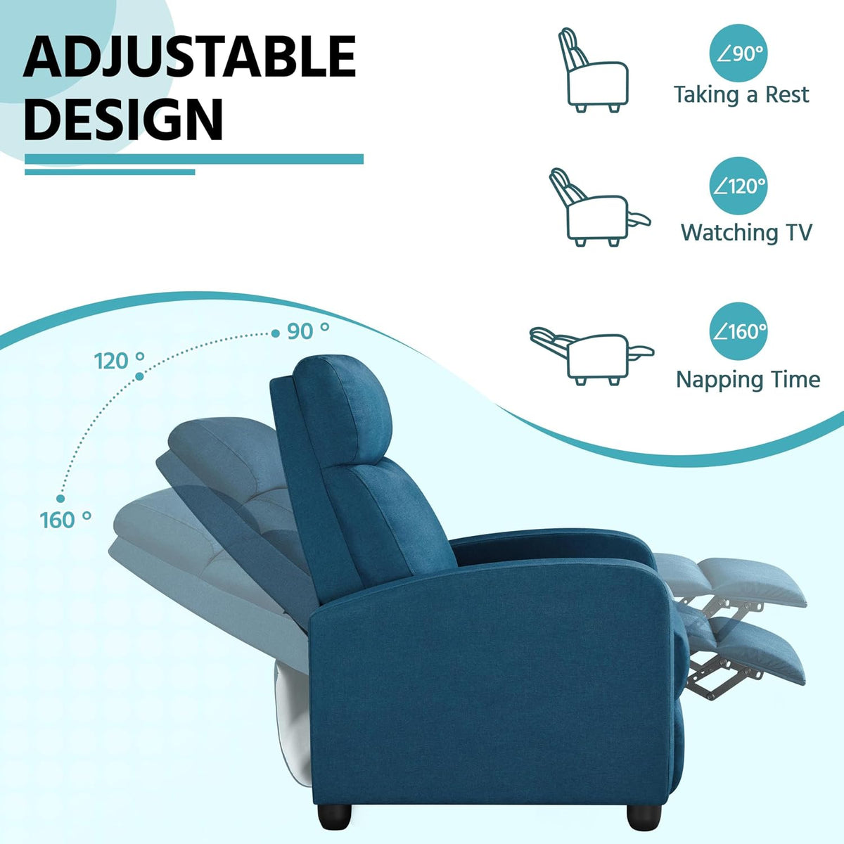 Luxurious Blue Recliner Chair with 3 Adjustable Positions for Ultimate Comfort in Your Living Space