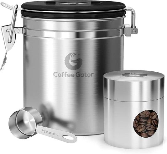 Coffee Canister, Stainless Steel Airtight Coffee Containers for Ground Coffee with Date-Tracker, Co2-Release Valve, Measuring Scoop & Travel Jar - Medium, 16 Oz, Silver